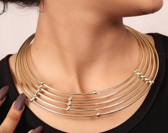 Brass Collar Choker Necklace, Adjustable Open Cuff, Statement Jewelry