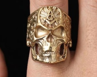 Brass Skull Ring, Masonic Eye Symbol Ring, Gothic Biker Jewelry, Heavy Metal Statement Ring, Biker Jewelry, Punk Rock Freemason Brass Ring