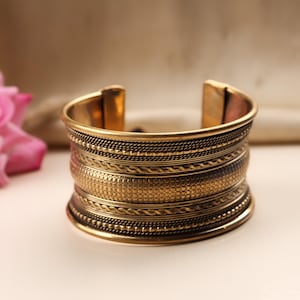 Antique Brass Wide Cuff Bracelet – Handmade Adjustable Tribal Bangle – Engraved Bohemian Jewelry for Women & Men
