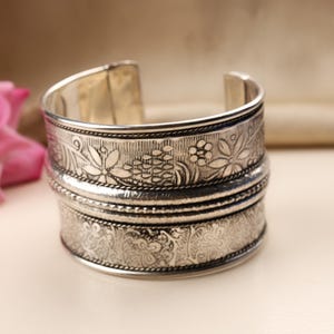 Engraved Silver Cuff Bracelet – Handmade Adjustable Wide Floral Bangle – Bohemian Tribal Ethnic Statement Jewelry for Women & Men