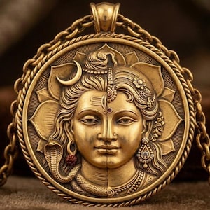 May include: A gold-colored pendant featuring a detailed depiction of a deity with intricate carvings. The pendant is round, with a chain and clasp. The deity's face is split, with one side adorned with a crescent moon and the other with floral details.