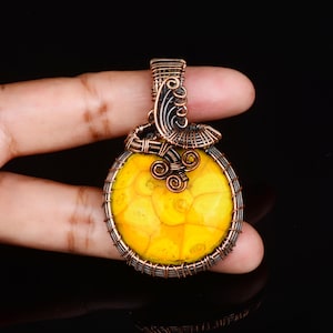 Yellow Ocean Jasper Pendant Necklace, Copper Wire Wrapped Crystal, Handmade Boho Jewelry, Healing Stone Gift, Unique Handmade Jewelry Gift