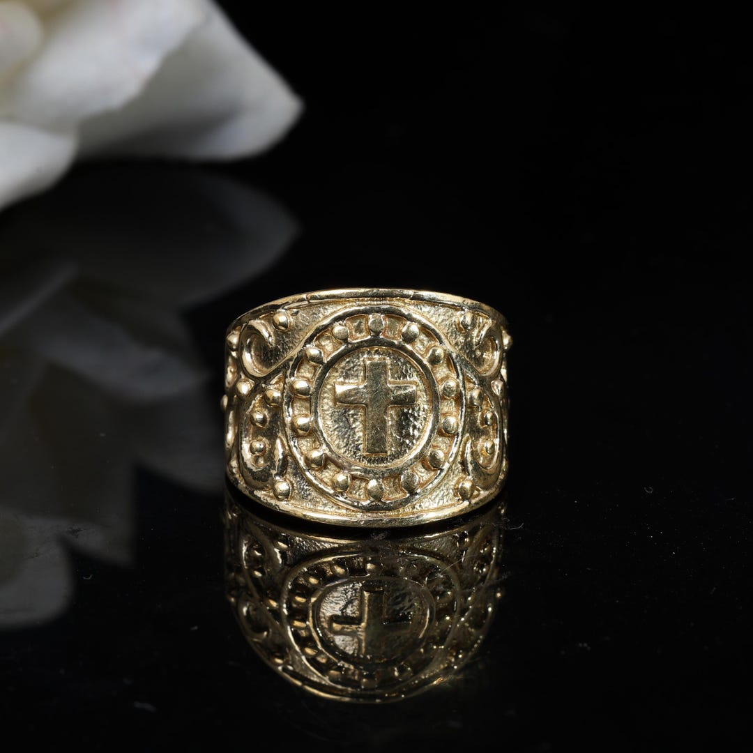 Christian Cross Brass Ring, Vintage Religious Signet Ring, Bold Gothic ...