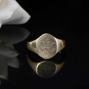 Aquarius Zodiac Ring Brass, Astrology Signet Ring, Horoscope Jewelry for Men Women, Handmade Aquarius Symbol Ring, Birthday Gift Idea