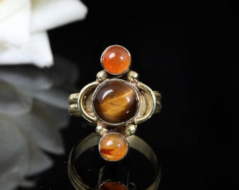 Tiger Eye & Carnelian Brass Ring, Bohemian Vintage Style