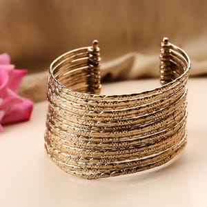 Textured Multi-Wire Gold Cuff Bracelet – Bohemian Adjustable Bangle – Layered Look Tribal Statement Jewelry – Handmade Gift for Her