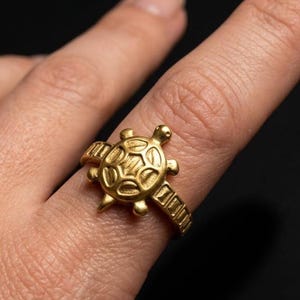 Op de afbeelding: Een goudkleurige ring met een schildpadontwerp. De schildpadschild heeft een geometrisch patroon en de ringband heeft een textuurontwerp. De ring wordt op een vinger gedragen tegen een donkere achtergrond.