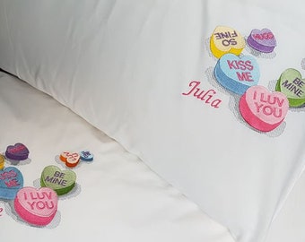 Personalised Embroidered Pair Of Pillow Cases with Love Heart Pattern