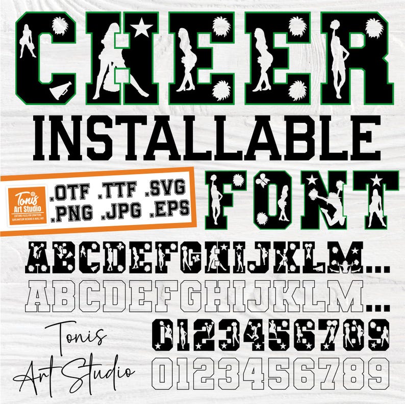 Puede incluir: Dise&ntilde;o de fuente en blanco y negro con la palabra "CHEER" en letras grandes y las palabras "INSTALLABLE FONT" en letras m&aacute;s peque&ntilde;as. La fuente est&aacute; decorada con animadoras y pompones. El alfabeto y los n&uacute;meros se muestran tanto en blanco y negro como en negro relleno.