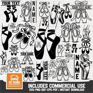 Puede incluir: Ilustraciones en blanco y negro de zapatillas de ballet, incluyendo zapatillas de punta y bailarinas. La imagen incluye campos de texto personalizables con las palabras "YOUR TEXT" y "YOUR NAME". También está presente la frase "INCLUDES COMMERCIAL USE".