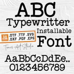 May include: A black and white image of a typewriter font. The font is called "ABC Typewriter" and is described as "Installable Font". The image shows the uppercase and lowercase letters of the alphabet, as well as the numbers 0 through 9.