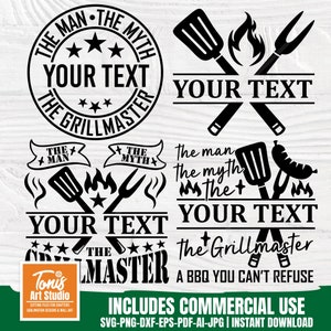 Parrilla de barbacoa svg, Archivos de corte de svg para asar, Grill master svg, El hombre el mito, Imágenes prediseñadas de barbacoa, Monograma de parrilla svg, Texto personalizado svg