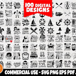 Könnte beinhalten: Ein digitaler Download von 100 sommerlichen Designs im SVG-, PNG-, EPS-, PDF- und JPG-Format. Die Designs zeigen verschiedene sommerbezogene Sätze, Symbole und Illustrationen, wie z. B. "Beach Babe", "Summer Vibes", "Sweet Summer Time" und "Vacation Mode".