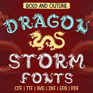 May include: A digital graphic design featuring the words "DRAGON" and "STORM FONTS" in stylized fonts. The word "DRAGON" is in a light blue outline font, and "STORM FONTS" is in a white outline font. A yellow dragon graphic is in the center. The background is a dark red.