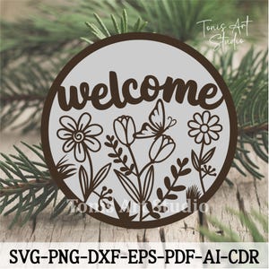 Floral Welcome Sign SVG | Door Hanger Laser Cut File | Rustic Wood Sign | Glowforge, Cricut, Silhouette Cut Files