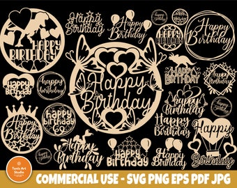 Puede incluir: Un conjunto de 18 archivos de corte digital que presentan varios diseños con el texto "Happy Birthday". Los diseños incluyen corazones, mariposas, estrellas, coronas y globos. Los archivos son para uso comercial y están disponibles en los formatos SVG, PNG, EPS, PDF y JPG.