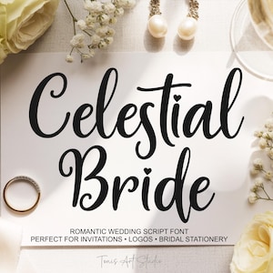 May include: A white card with the words "Celestial Bride" in elegant black script. The card is surrounded by wedding-themed elements, including flowers, a ring, and earrings. The text below reads "Romantic Wedding Script Font."