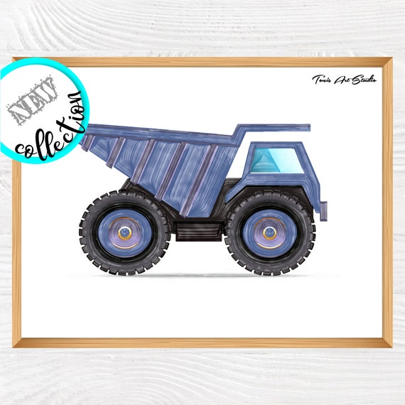 Construction truck art, Dump truck print, Construction watercolor, Transportation kids decor, Blue Vehicles art, Nursery print, Printable