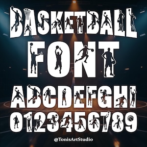 Fuente de baloncesto, alfabeto deportivo con siluetas de jugadores, letras atléticas en negrita