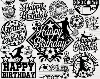 May include: A set of 19 black and white SVG cut files featuring soccer-themed birthday designs. The designs include phrases like "Happy Birthday", "Goal It's Your Birthday", and "Kickin' Into Birthday".