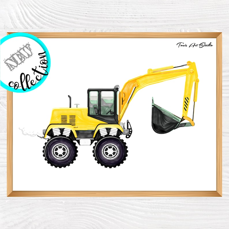 Excavator watercolor Yellow print Instant download Construction art decor Excavator print Construction vehicles Kids room decor
