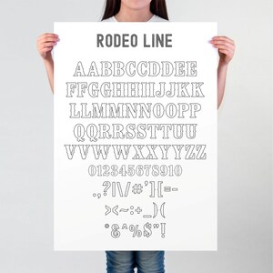 May include: A white poster with the text "RODEO LINE" in gray at the top. The poster features a black and white outline font with uppercase letters, numbers, and symbols.