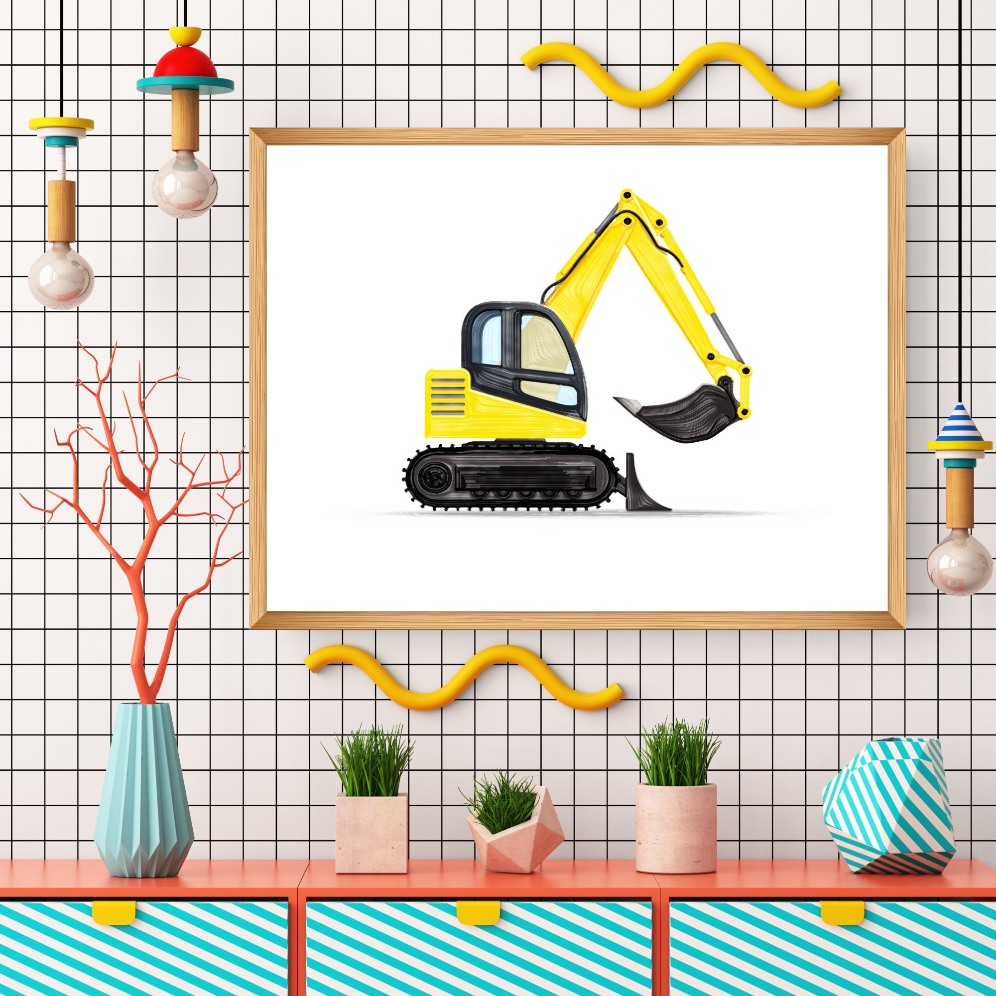Excavator wall art | Mini excavator truck | Printable art | Excavator