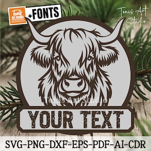 Highland Kuh Namensschild SVG | Highland Kuh Druck | Landhaus Thema | Personalisiertes Zeichen | Laser Cut Kuh | Sofortige Vektordatei Ai, Cdr, Dxf, Png