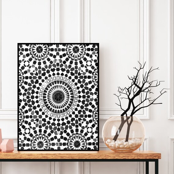 Moroccan Pattern Print, Black and White Printable, Moroccan Tile Print, Boho Wall Art, Digital Download, Large wall art, Travel photography.