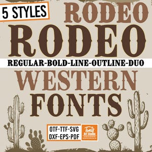 Paquete de fuentes de rodeo SVG / Alfabeto de vaqueros / Fuentes del oeste OTF / Letras de contorno de rodeo / Fuentes campestres TTF / Archivos de corte de Cricut y Silhouette