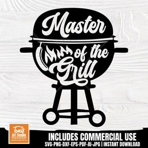 May include: Black and white silhouette of a grill with the text "Master of the Grill" in a stylized font.