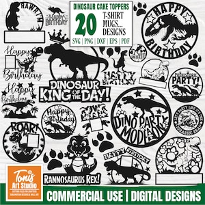 Dinosaur Cake Topper SVG Bundle | 20 Dinosaur Birthday Designs | T-Rex, Raptor, Dino Party Cut Files for Cricut, Silhouette, Laser