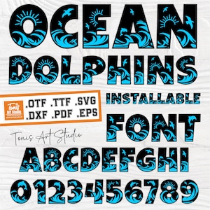 Ocean Dolphins Font | Sea Wave Alphabet with Dolphins | OTF TTF SVG Cut Files