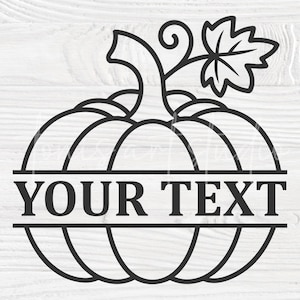 May include: Black line art pumpkin design with the text "YOUR TEXT" in a horizontal bar. The pumpkin has a stem and a leaf. The design is on a white wood grain background.