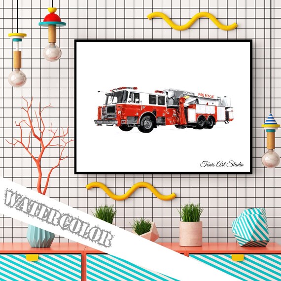 Firetruck Print Fire Truck Watercolor Fire Truck Decor Transportation Decor Boy Bedroom Art Toddler Boy Room Decor Firetruck Birthday