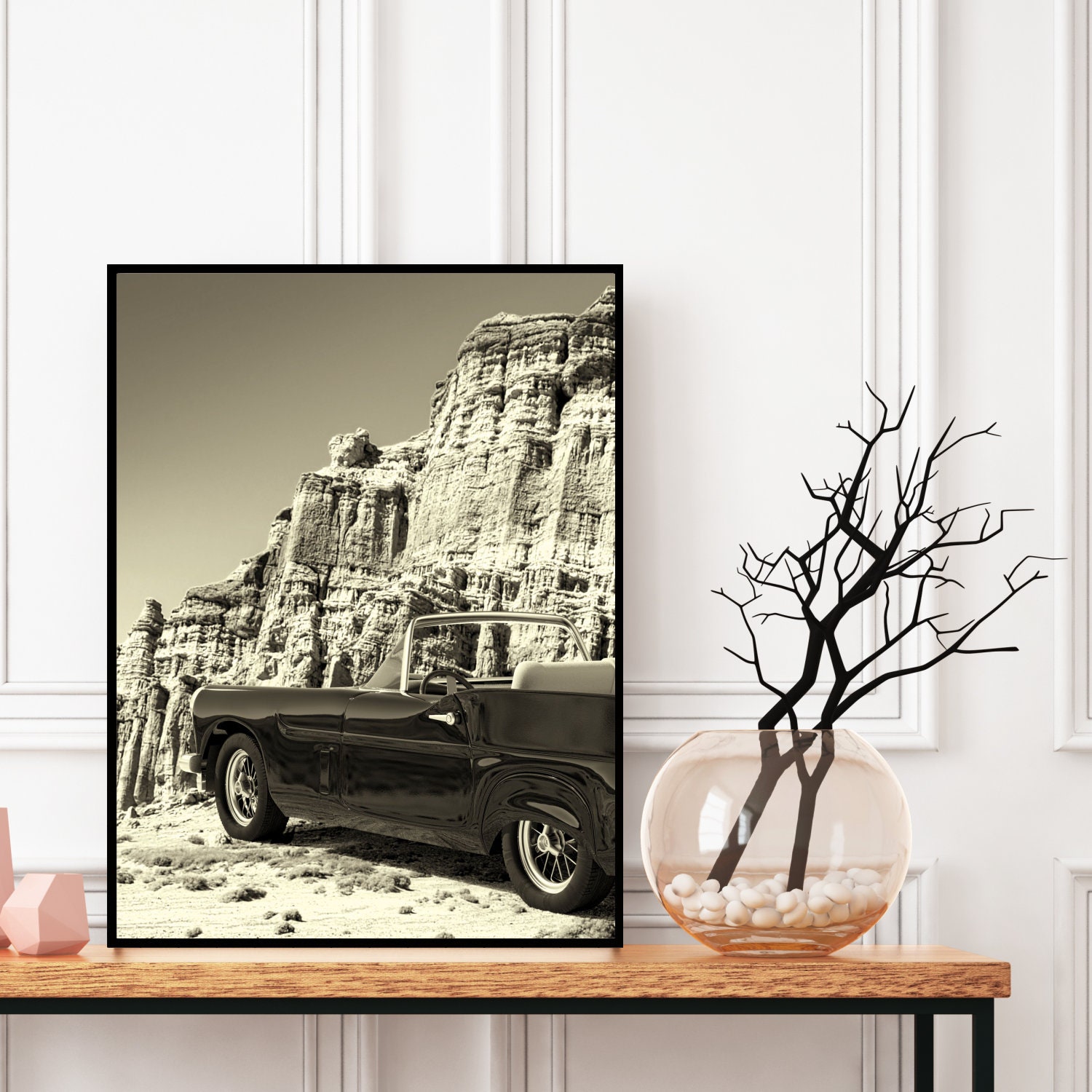 Retro Car Print Black and White, Digital Download, Vintage Wall Art