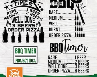 Könnte beinhalten: Schwarzweißes digitales Design für einen BBQ-Timer. Das Design enthält eine Grafik eines Grills mit einer Wurst auf einer Gabel und eine Liste der Garstufen für Fleisch mit den entsprechenden Bierzahlen. Der Text lautet "BBQ Timer" und "Enthält kommerzielle Nutzung".