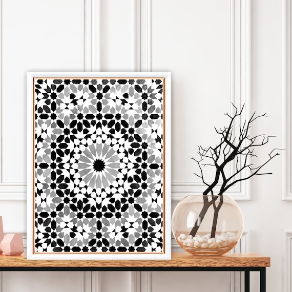 Moroccan Pattern Black and White Printable, Moroccan Tiles Print, Boho art print, Bohemian decor, Large wall art, Travel photography.