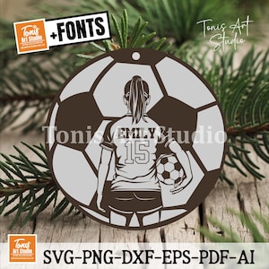 Adorno de foco de chica de fútbol / Diseño personalizado / Jugadora de fútbol / Archivos Svg, Pvg, Dxf, Pdf, Ai / Plantilla de corte por láser