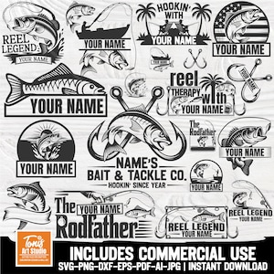 May include: A collection of black and white fishing-themed graphics, including fish, hooks, and text. Designs feature phrases like "Reel Legend" and "The Rodfather", with space for customization. Includes commercial use.