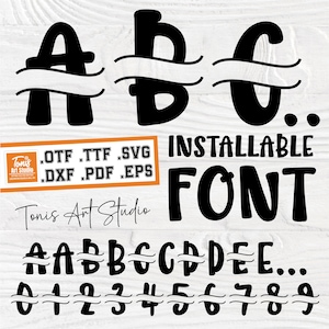 Op de afbeelding: Zwart, gesplitst lettertype met de letters A, B en C, plus de cijfers 0-9. De woorden "Installable Font" worden vet weergegeven. De afbeelding bevat ook de tekst "Toni's Art Studio" en bestandsextensies.