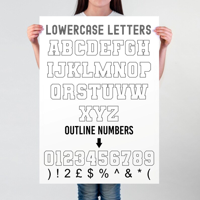 Puede incluir: Un p&oacute;ster blanco con texto negro y contornos de letras min&uacute;sculas, n&uacute;meros y s&iacute;mbolos. El texto dice "LOWERCASE LETTERS", "ABCDEFGH", "IJKLMNOP", "ORSTUVW", "XYZ", "OUTLINE NUMBERS", "0123456789", ") ! 2 &pound; $ % ^ & * (".