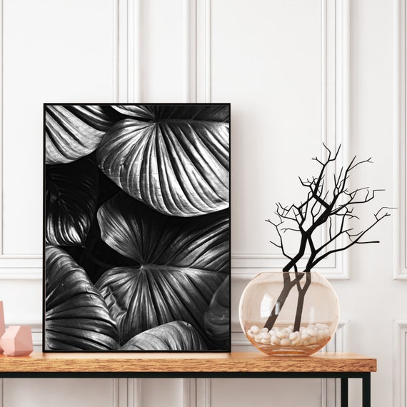 Leaves Print, Black and White, Botanical Wall Art, Tropical Printable Art, Wall Art Decor, Decorative Wall Art, Poster Digital Download