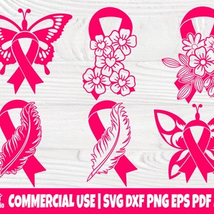 Plume de ruban rose SVG, Svg de cancer du sein, femme forte, Svg de papillon rose, Svg de ruban de sensibilisation, Svg de fleur de ruban, espoir Svg, Eps Dxf