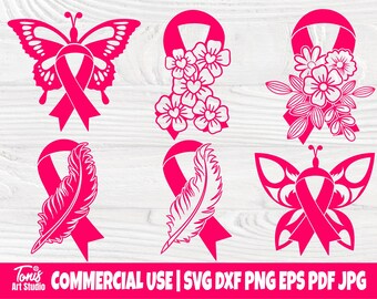 Feather Pink Ribbon SVG, Breast Cancer Svg, Strong Woman Svg, Pink Butterfly Svg, Awareness Ribbon Svg, Ribbon Flower Svg, Hope Svg, Eps Dxf