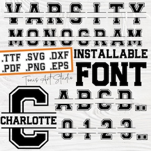 Op de afbeelding: Zwart-witte varsity-lettertype met een gesplitst letterontwerp. Het lettertype bevat hoofdletters, cijfers en een voorbeeldnaam "CHARLOTTE". De tekst ".TTF .SVG .DXF INSTALLABLE FONT" is ook in de afbeelding opgenomen.