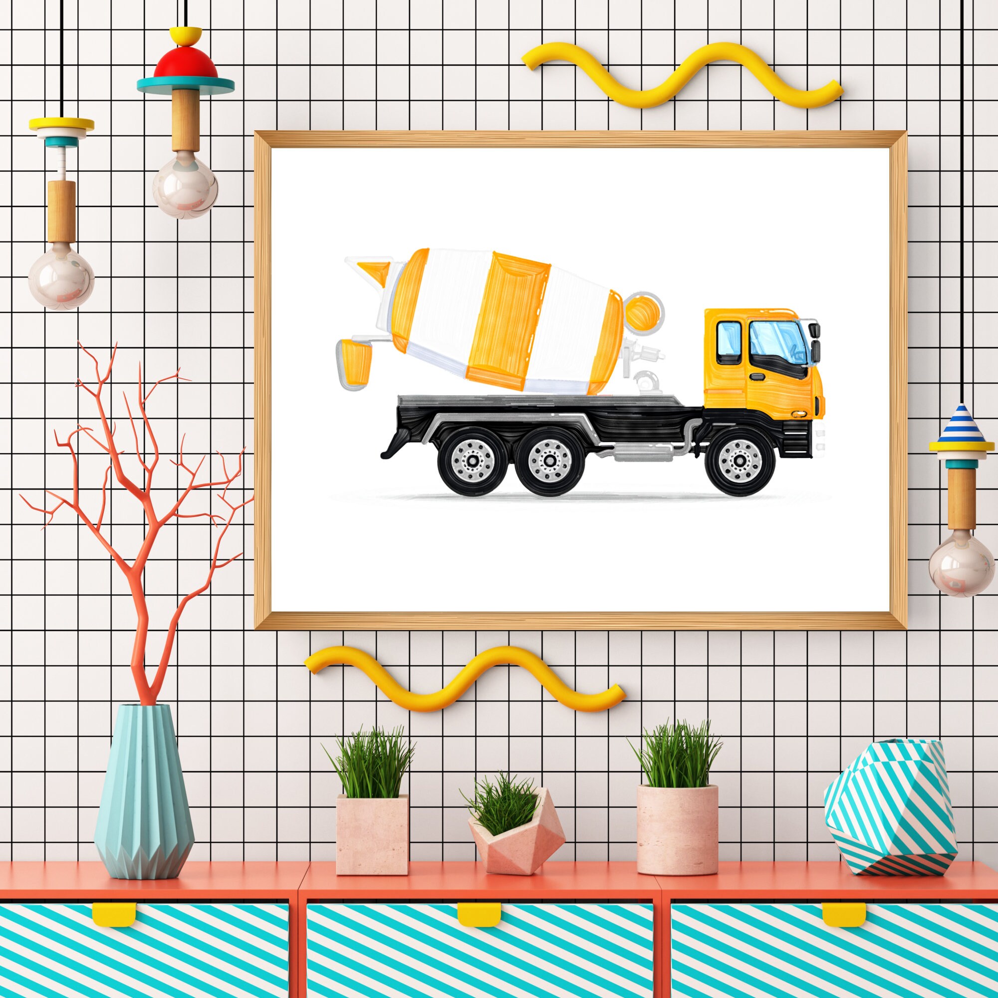 Concrete Mixer Wall art | Cement Mixer Truck Art | Boys Prints