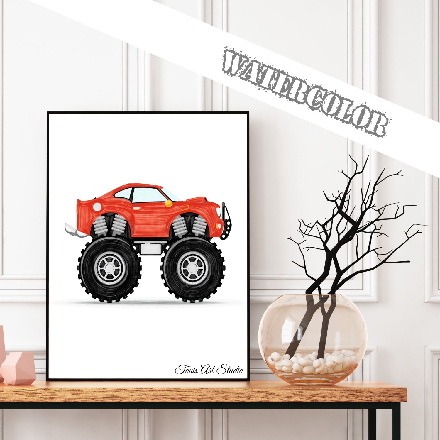 Red Monster Truck Transportation Kids Watercolor Print