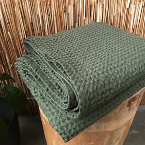 Linen blanket in Olive green, waffle summer blanket, Bedspread, throw, plaid, wrap, Queen, King