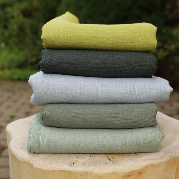 Soft 100% linen fabric by the yard/ meter, stonewashed, GREEN colors, 200 gsm, Cut-to-length, European flax, OEKO-Tex certified